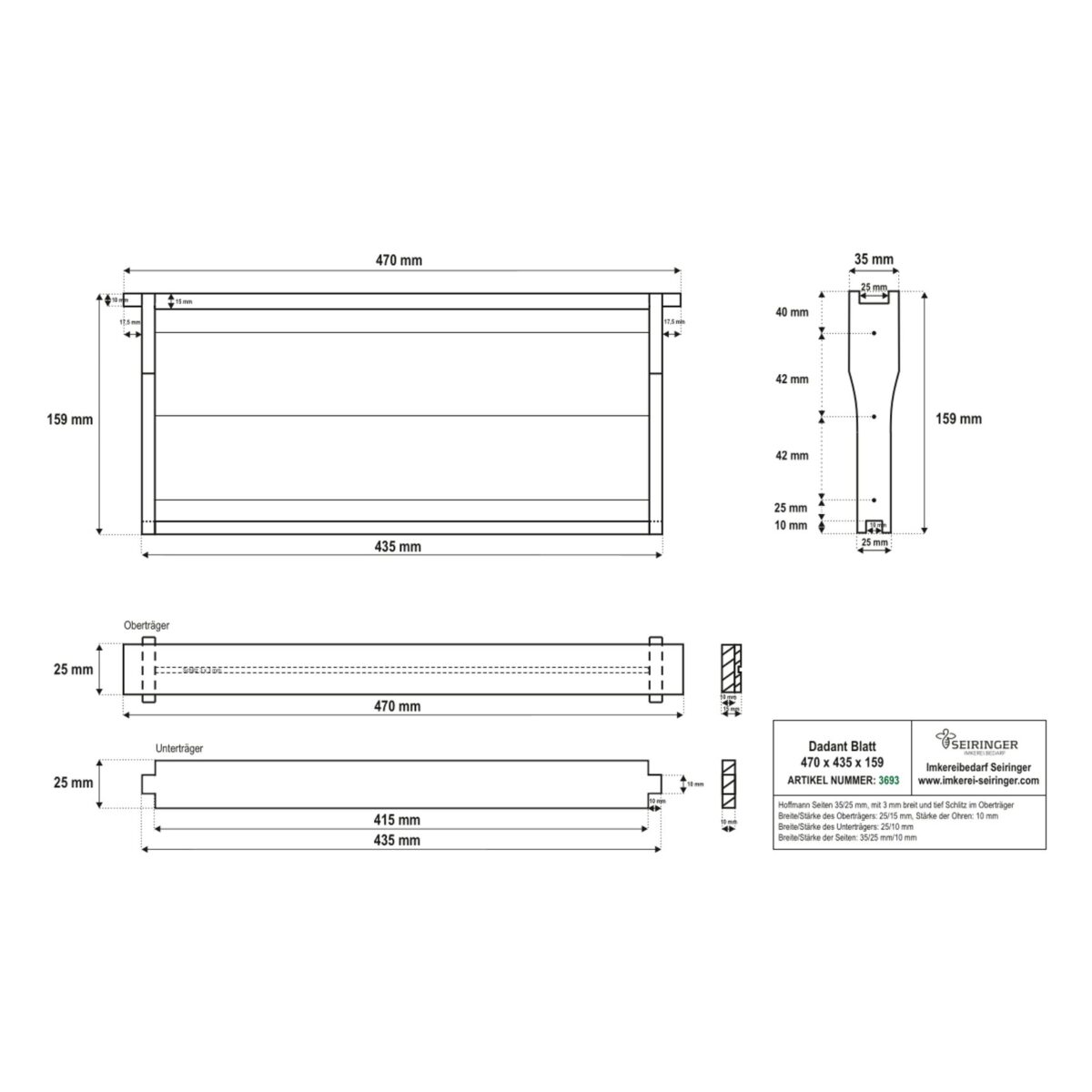 Rähmchen Dadant Blatt - Hoffmann - 470x435x159 – Bild 1