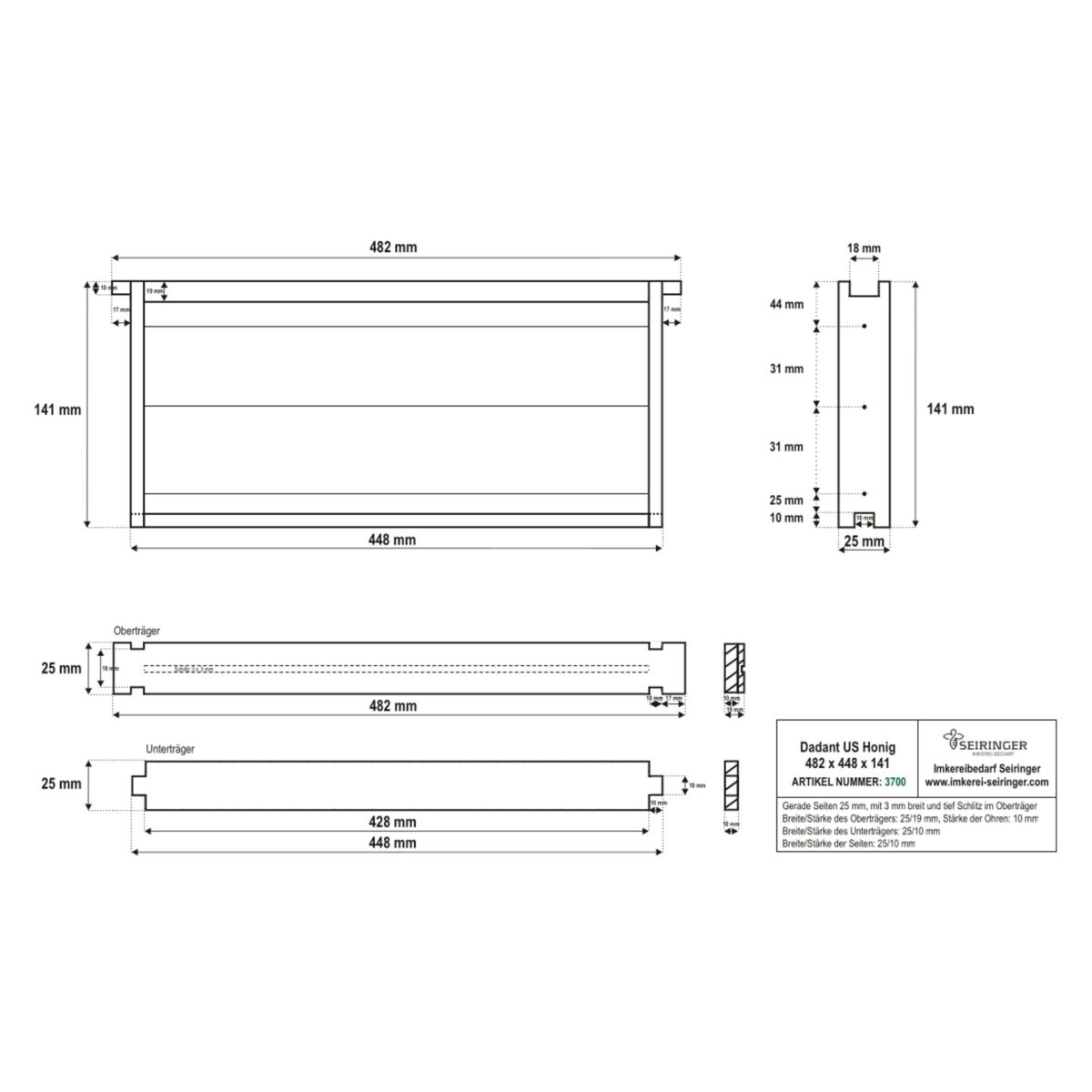 Palette Rähmchen Dadant US gerade 482x448x141 / 25 - 800 Stk. – Bild 2
